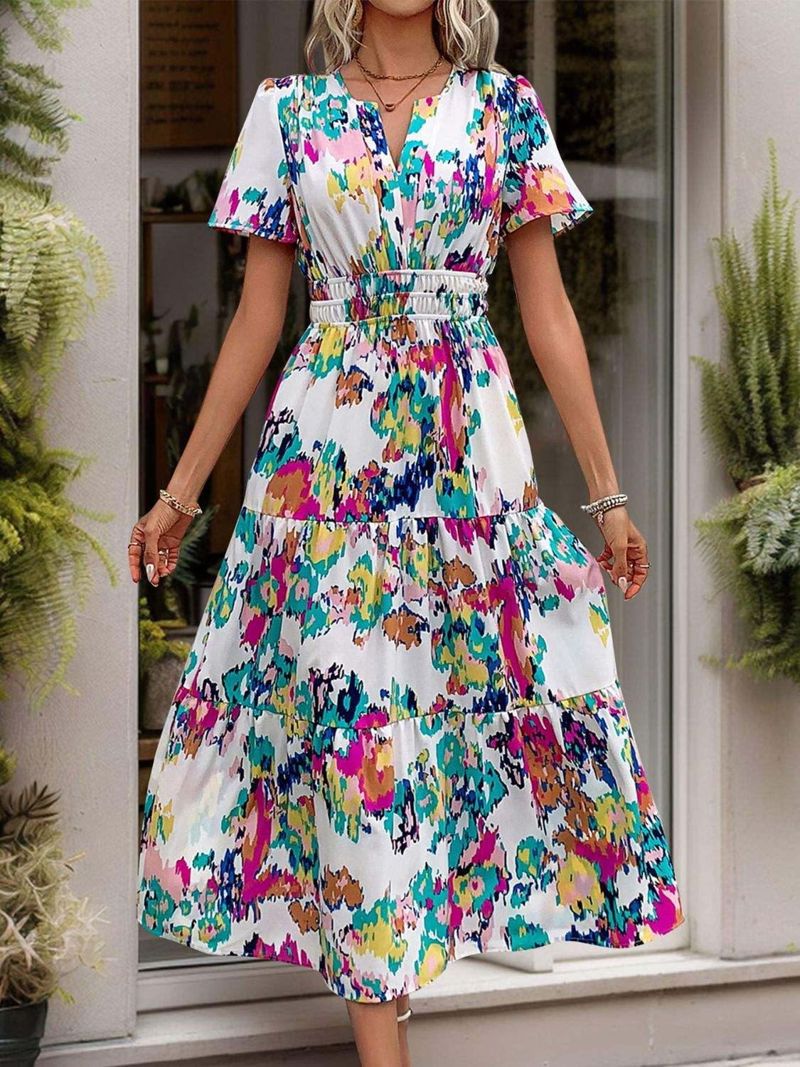 Printed Notched Short Sleeve Midi Dress - Trendsi - Flyclothing LLC