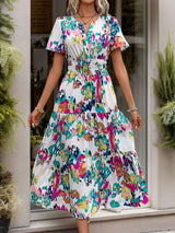Printed Notched Short Sleeve Midi Dress - Trendsi - Flyclothing LLC