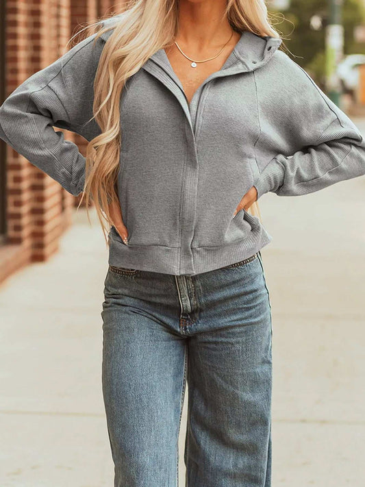 Waffle Splicing Zip Up Front Button Hooded Jacket - Trendsi - Flyclothing LLC