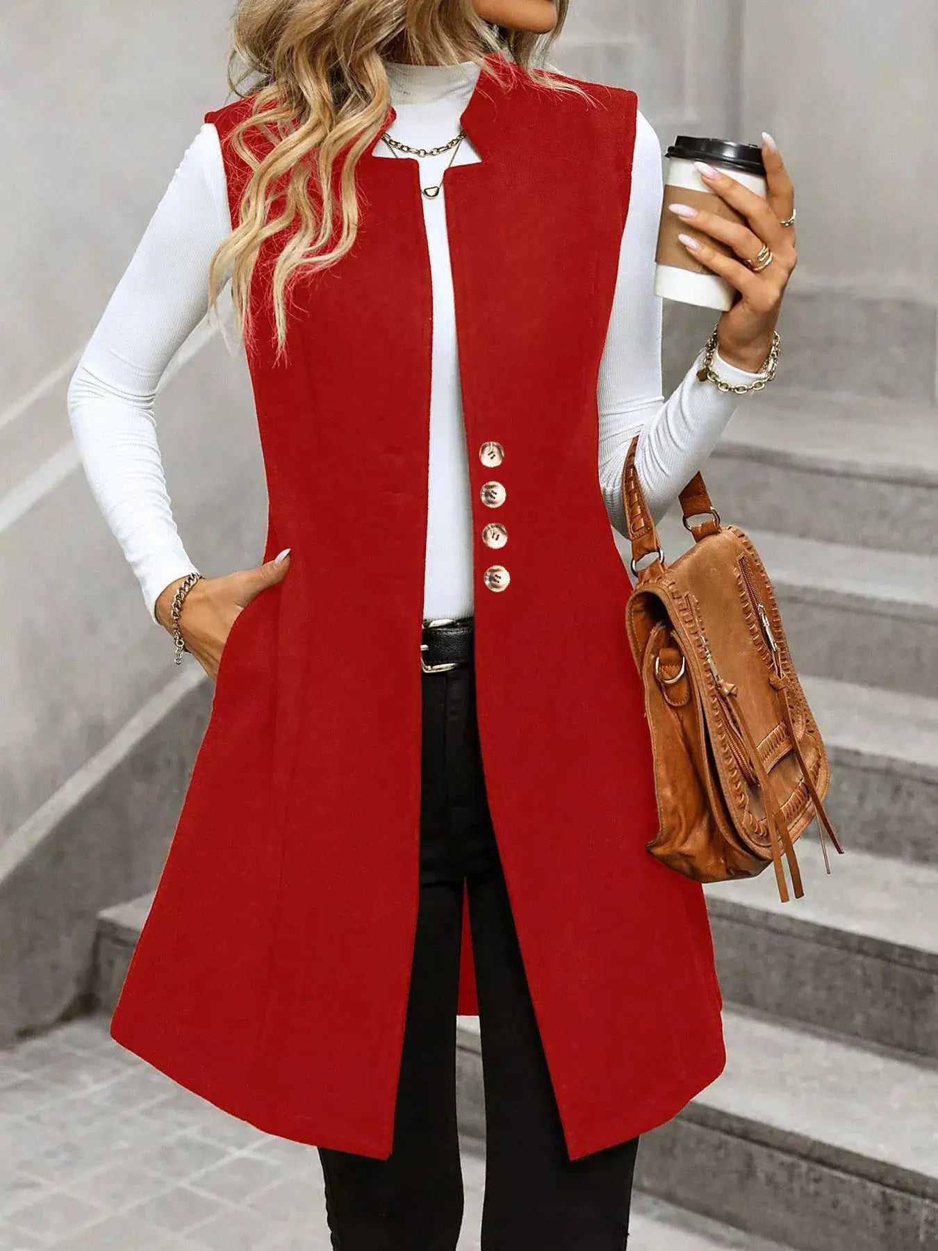 Button-Down Longline Vest Coat - Trendsi - Flyclothing LLC