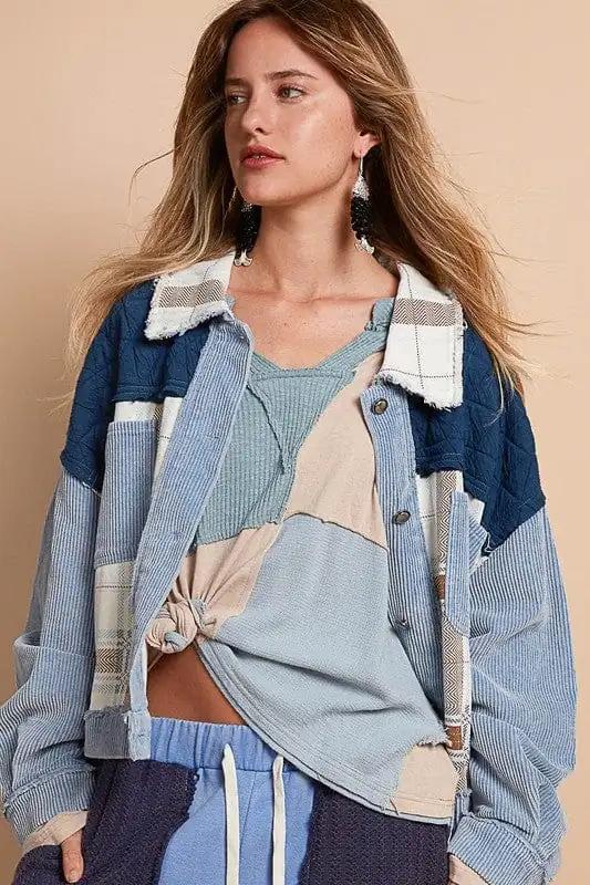 POL Corduroy Jacquard Patchwork Button Up Jacket - Trendsi