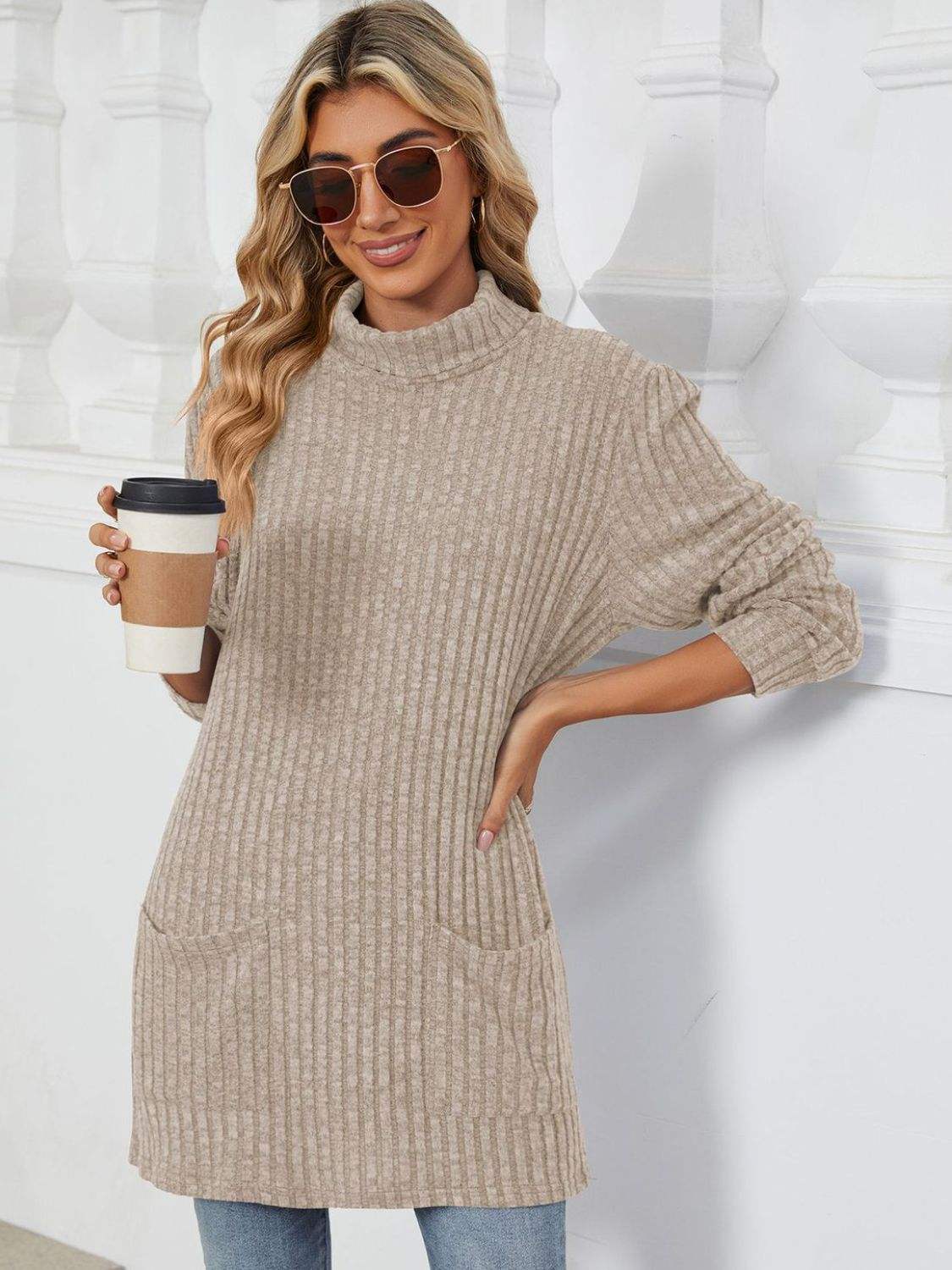 Ribbed Mock Neck Long Sleeve T-Shirt - Trendsi - Flyclothing LLC