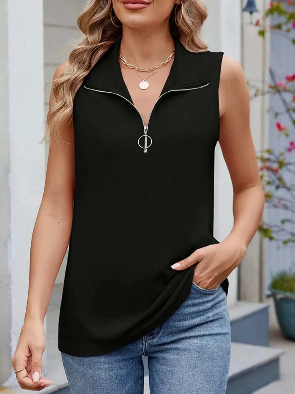 Quarter Zip Collared Tank - Trendsi - Flyclothing LLC