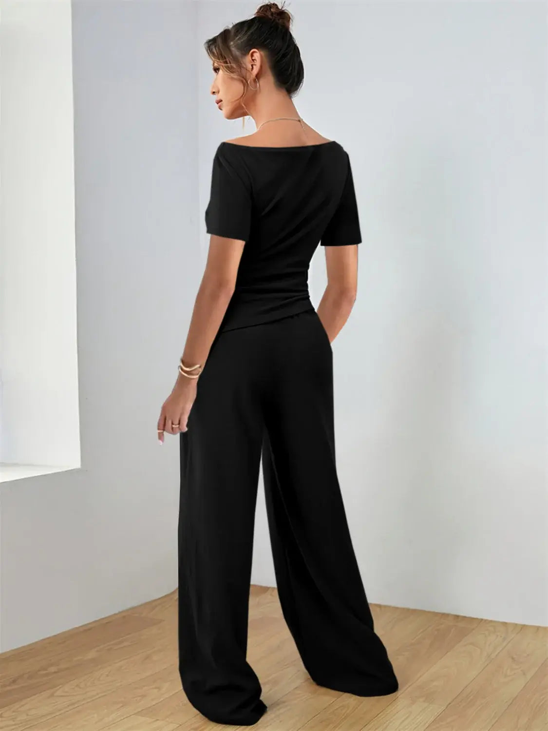 Round Neck Short Sleeve T-Shirt and Pants Set - Trendsi - Flyclothing LLC