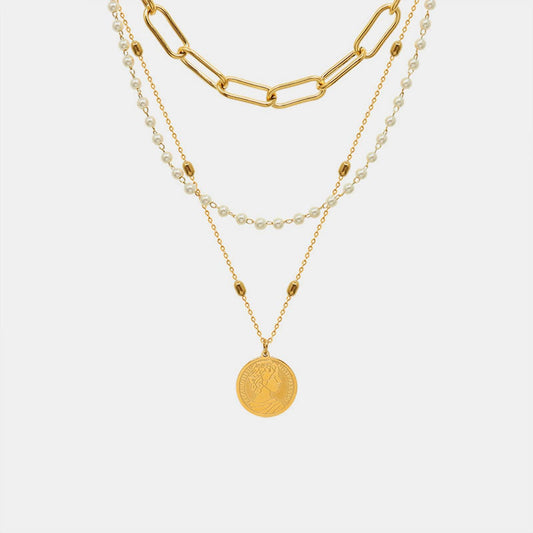 Synthetic Pearl Titanium Steel Three-Layered Necklace Trendsi