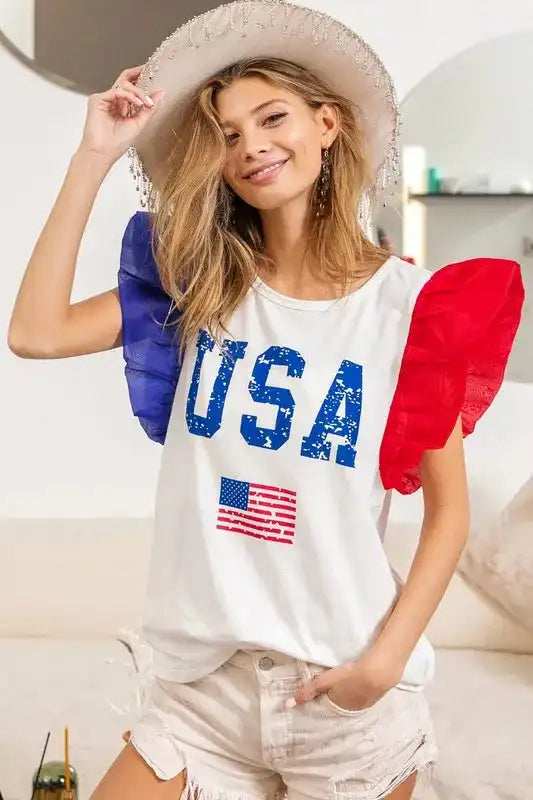 BiBi USA Theme Color Block Organza Ruffle Sleeve Top - Trendsi - Flyclothing LLC