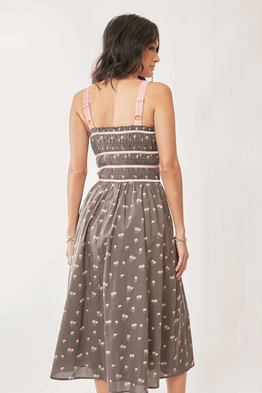 Davi & Dani Contrast Velvet Tape Smocking Bodice Midi Dress - Trendsi - Flyclothing LLC