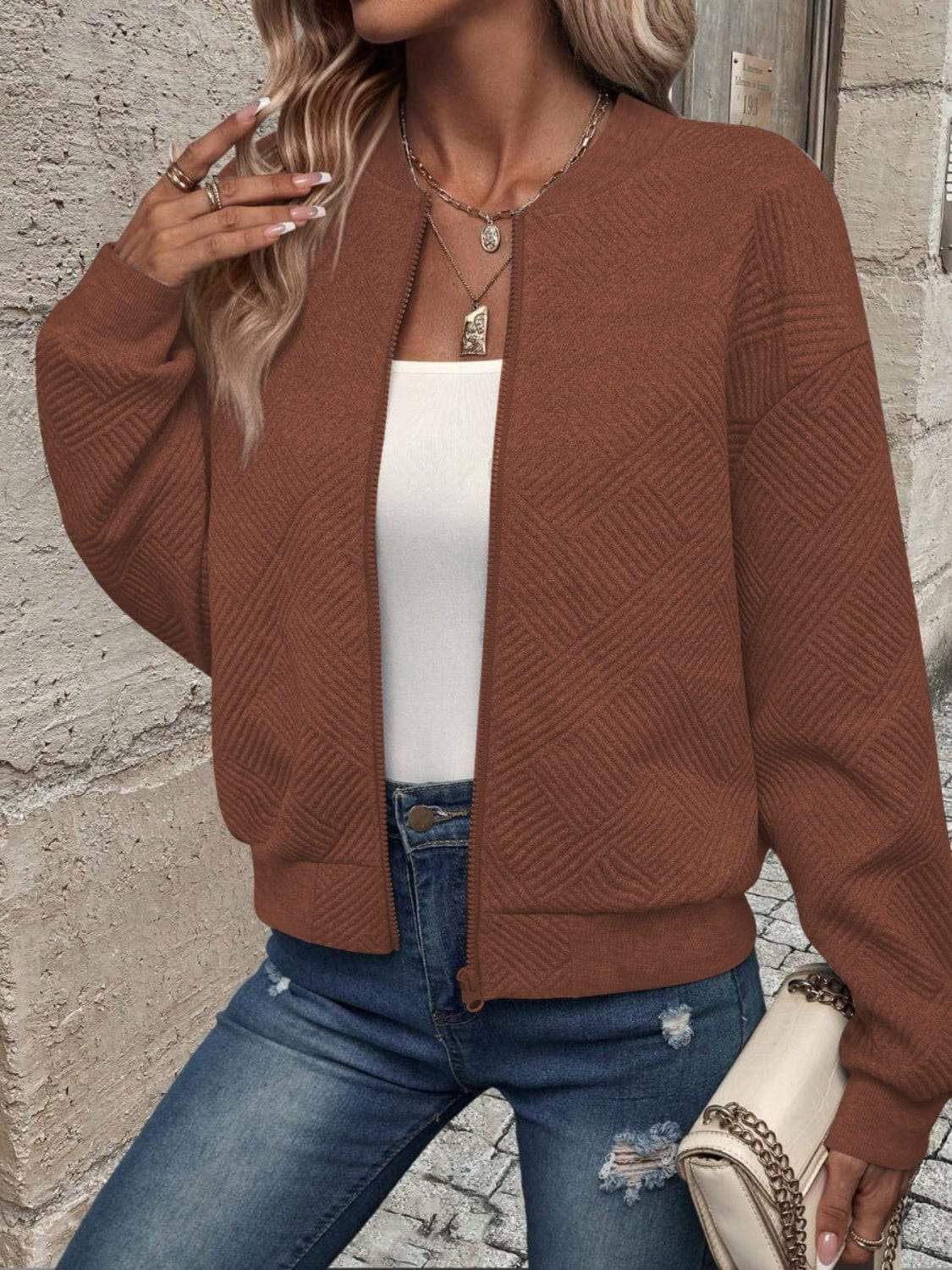 Textured Zip Up Long Sleeve Jacket - Trendsi - Flyclothing LLC