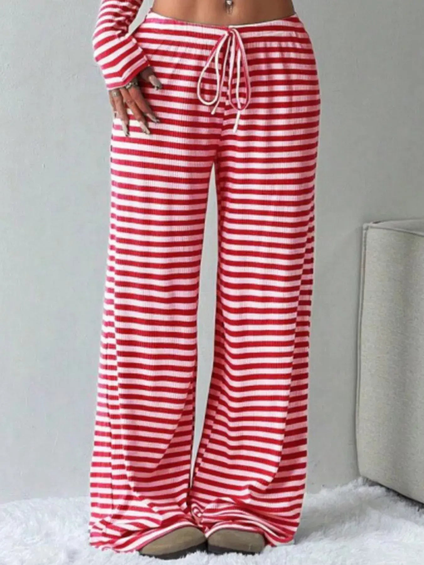 Striped Long Sleeve Crop Top and Wide Leg Pants Set - Trendsi - Flyclothing LLC