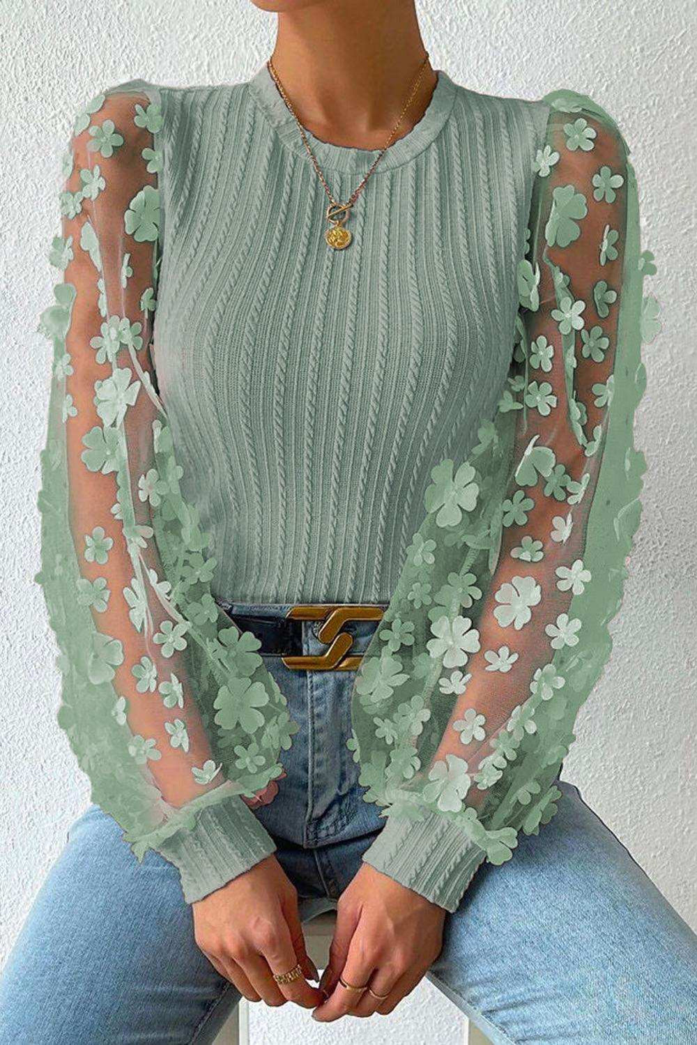 Textured Applique Long Sleeve Blouse - Trendsi - Flyclothing LLC