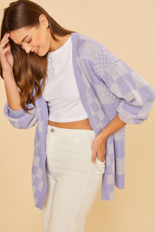 Annie Wear Checkered Open Front Drop Shoulder Cardigan - Trendsi