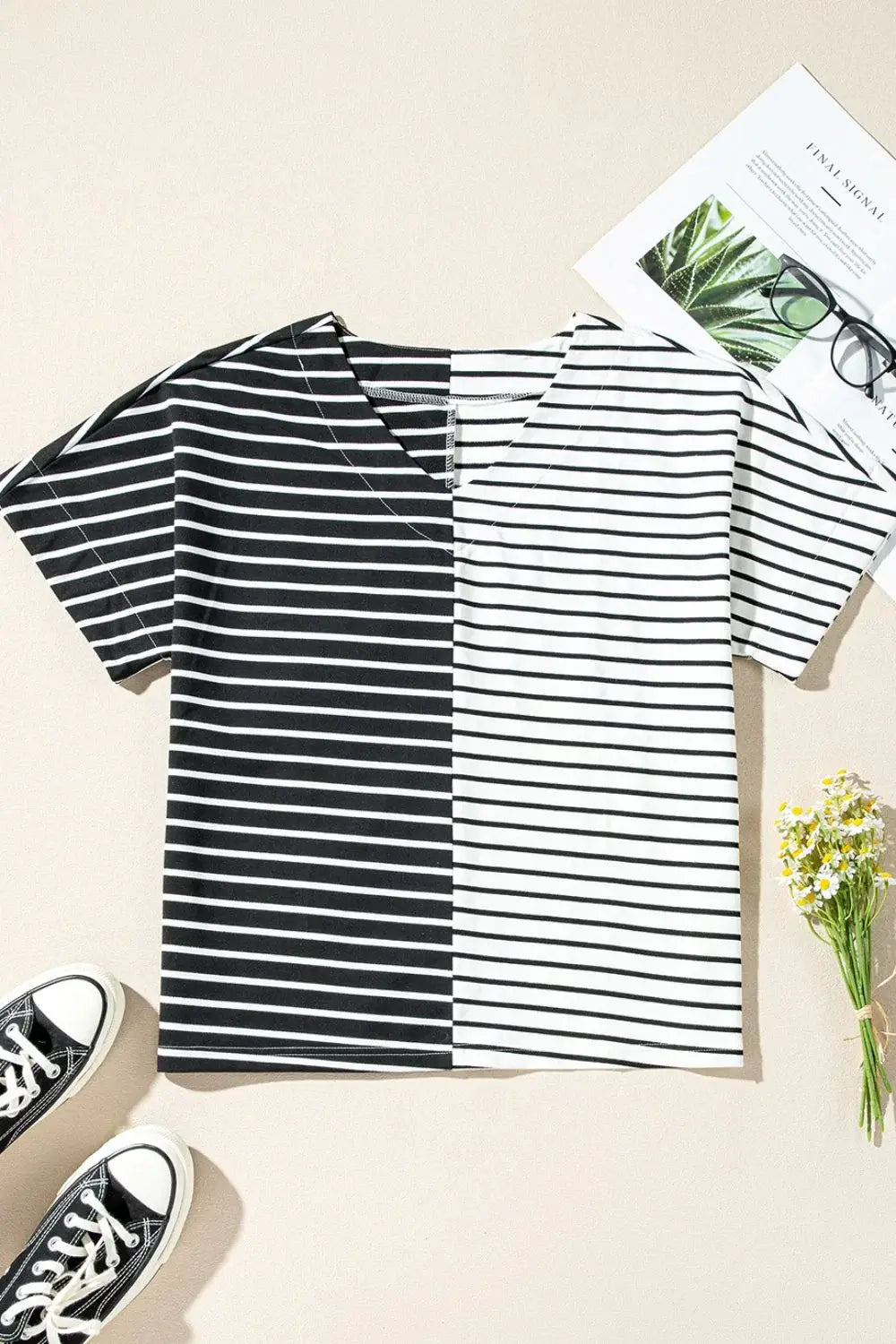 Stripe Two Tone Colorblock V-Neck T-Shirt - Trendsi - Flyclothing LLC