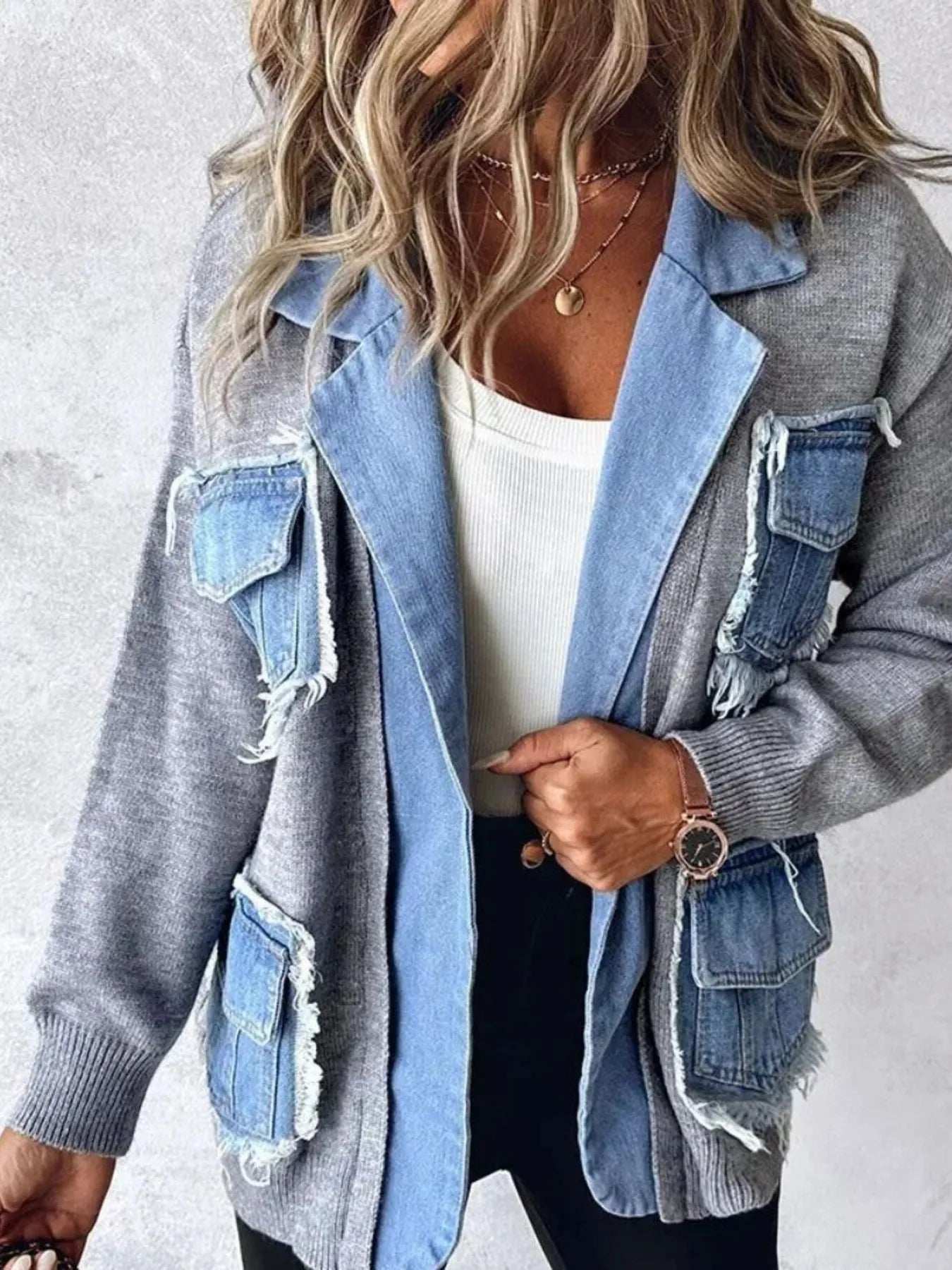 Raw Hem Denim Pocket Patchwork Cardigan - Trendsi - Flyclothing LLC