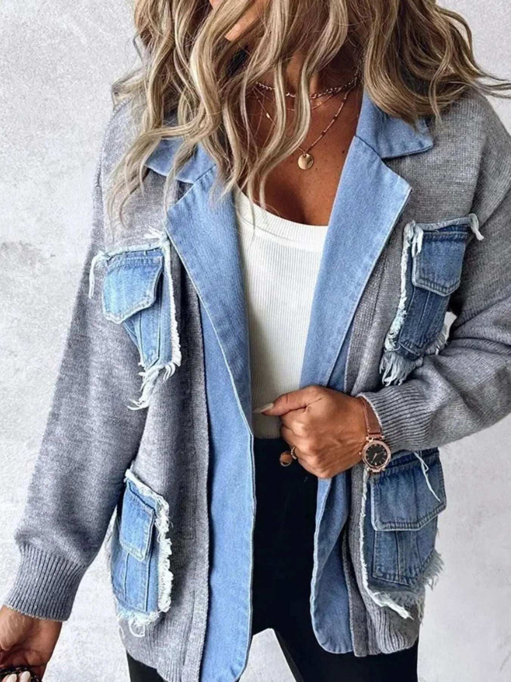 Raw Hem Denim Pocket Patchwork Cardigan - Trendsi - Flyclothing LLC