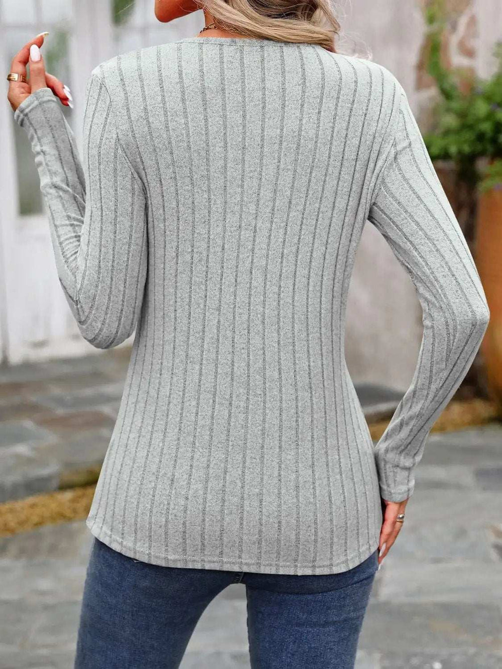 Decorative Button Round Neck Long Sleeve T-Shirt - Trendsi - Flyclothing LLC