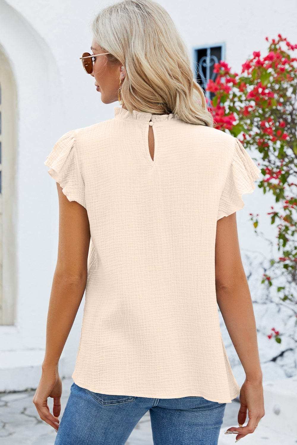 Ruffled Round Neck Cap Sleeve Blouse - Trendsi - Flyclothing LLC