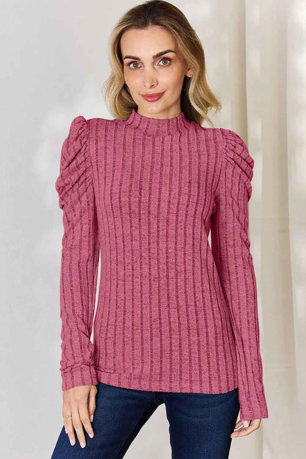 Basic Bae Full Size Ribbed Mock Neck Puff Sleeve T-Shirt - ShopBasicbae - Flyclothing LLC