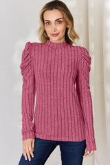 Basic Bae Full Size Ribbed Mock Neck Puff Sleeve T-Shirt - Trendsi
