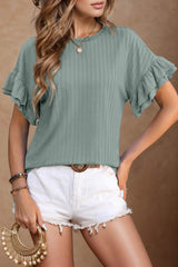 Round Neck Flounce Sleeve Blouse - Trendsi - Flyclothing LLC
