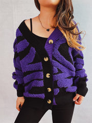 Contrast Button Up Long Sleeve Cardigan - Trendsi
