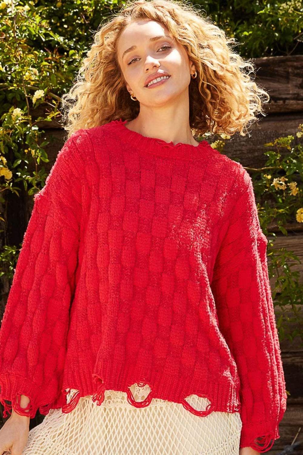 POL Checkered Distressed Edge Sweater - Trendsi - Flyclothing LLC
