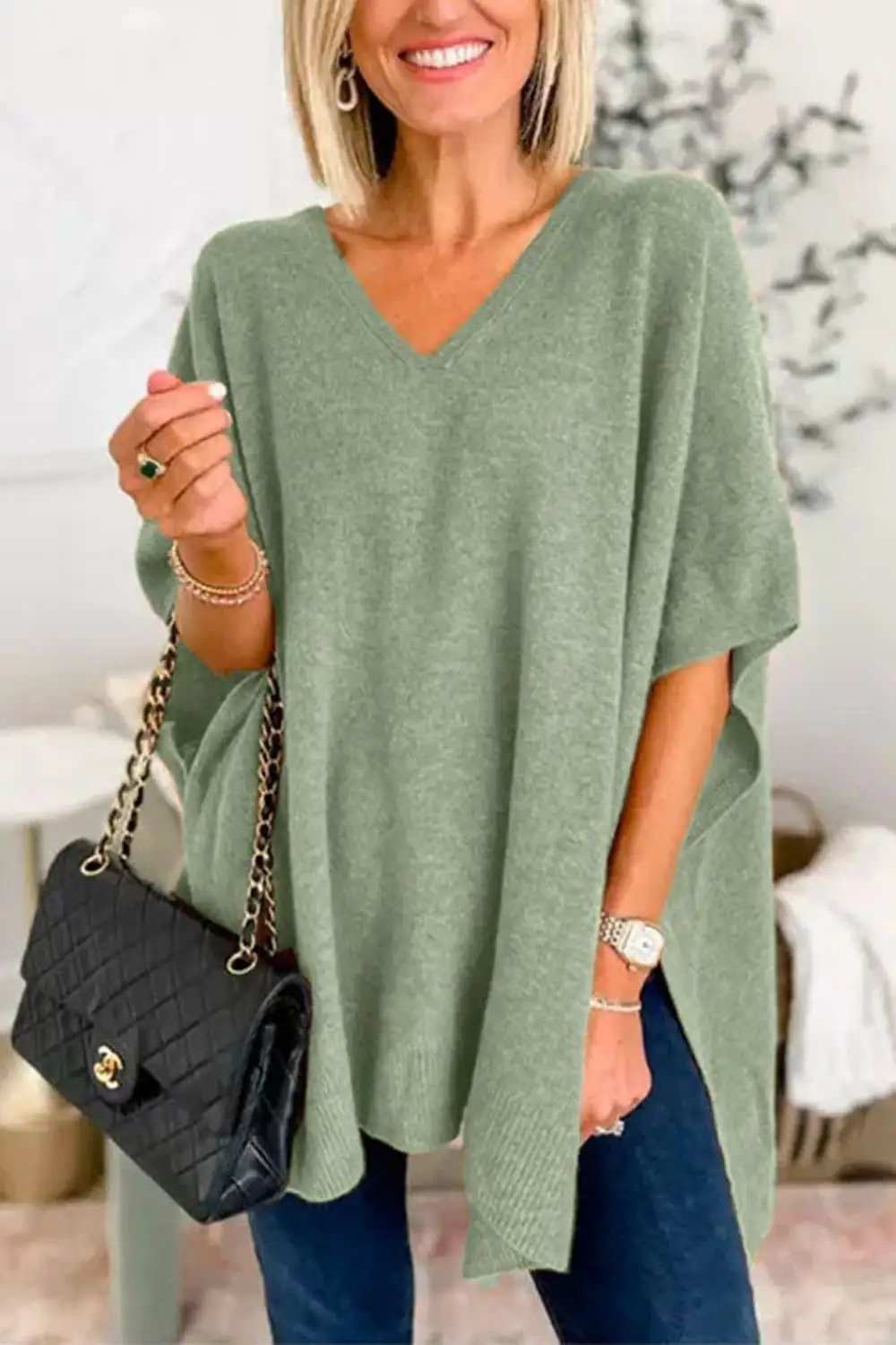 Slit V-Neck Half Sleeve Knit Top - Trendsi - Flyclothing LLC