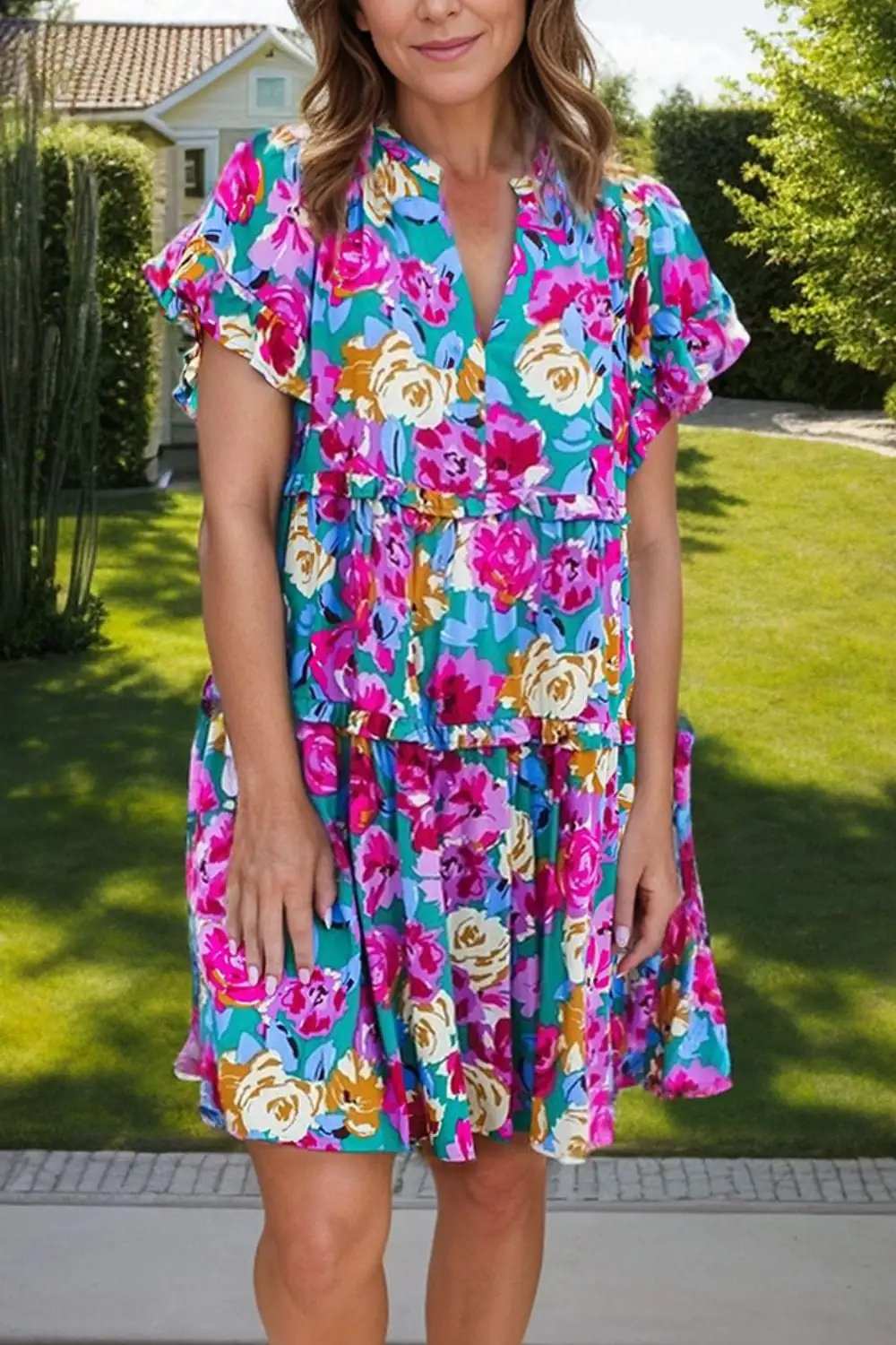 Ruffled Printed Notched Short Sleeve Mini Dress - Trendsi - Flyclothing LLC