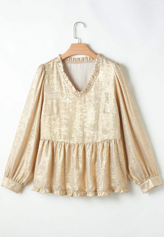Frill Peplum V-Neck Long Sleeve Blouse - Trendsi - Flyclothing LLC