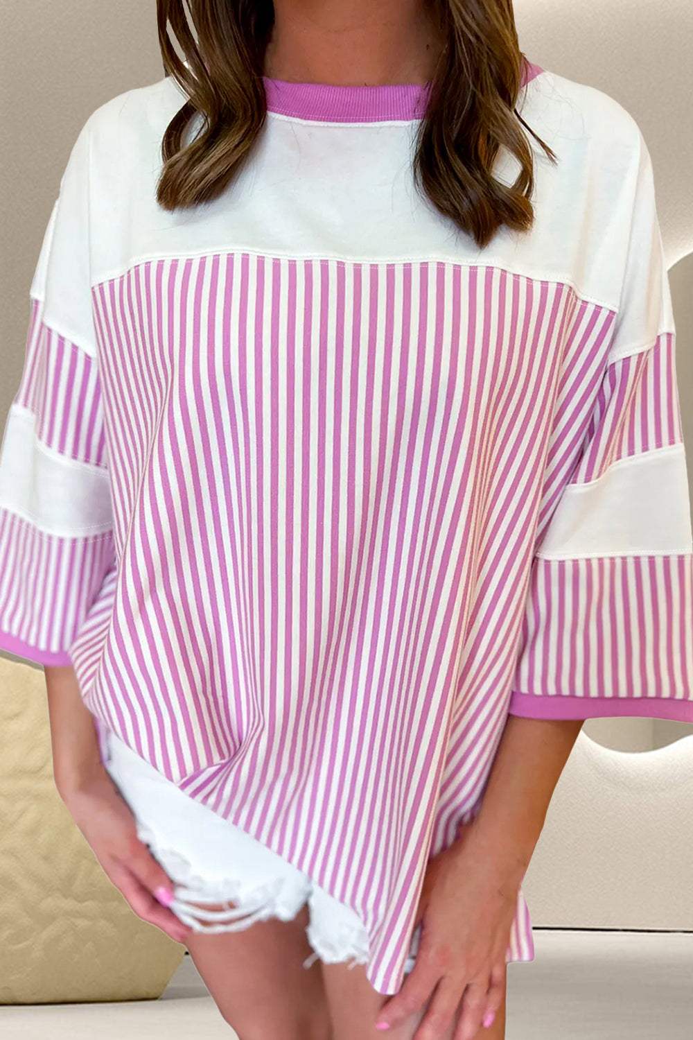 Striped Round Neck Three-Quarter Sleeve T-Shirt - Trendsi - Flyclothing LLC
