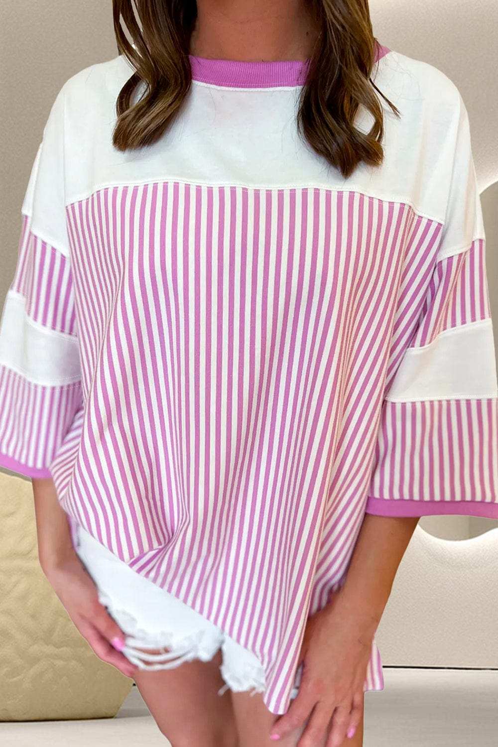 Striped Round Neck Three-Quarter Sleeve T-Shirt - Trendsi - Flyclothing LLC