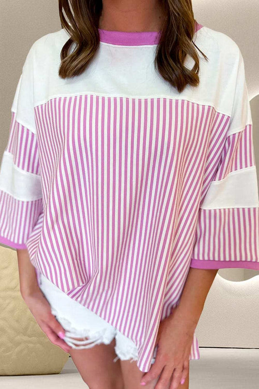 Striped Round Neck Three-Quarter Sleeve T-Shirt - Trendsi - Flyclothing LLC
