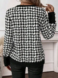 Houndstooth V-Neck Long Sleeve T-Shirt - Trendsi - Flyclothing LLC
