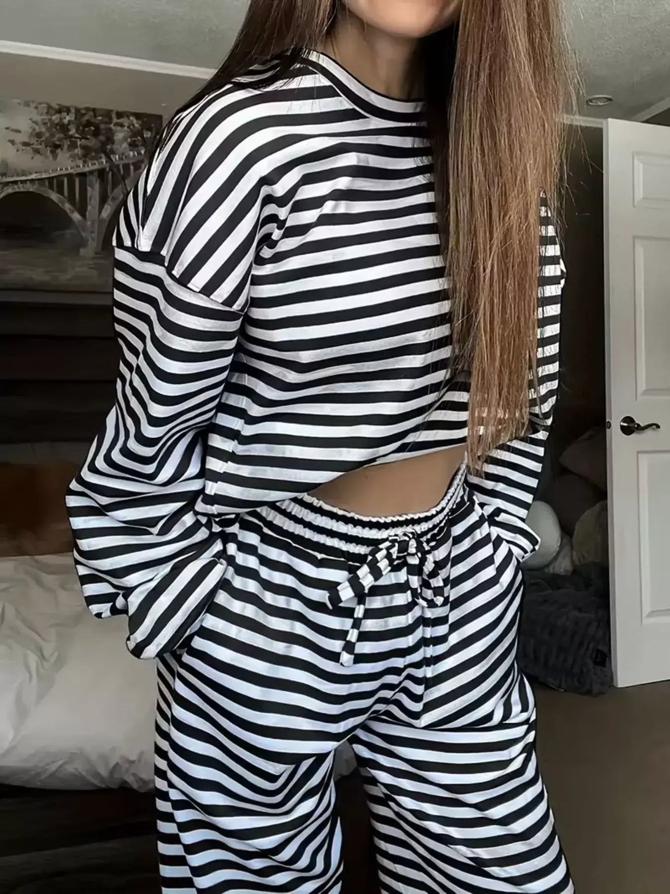 Striped Round Neck Top and Pants Set - Trendsi - Flyclothing LLC