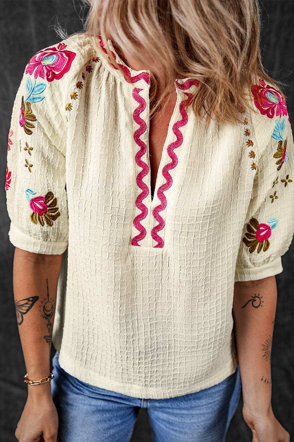 Floral Embroidered Notched Puff Sleeve Blouse - Trendsi - Flyclothing LLC