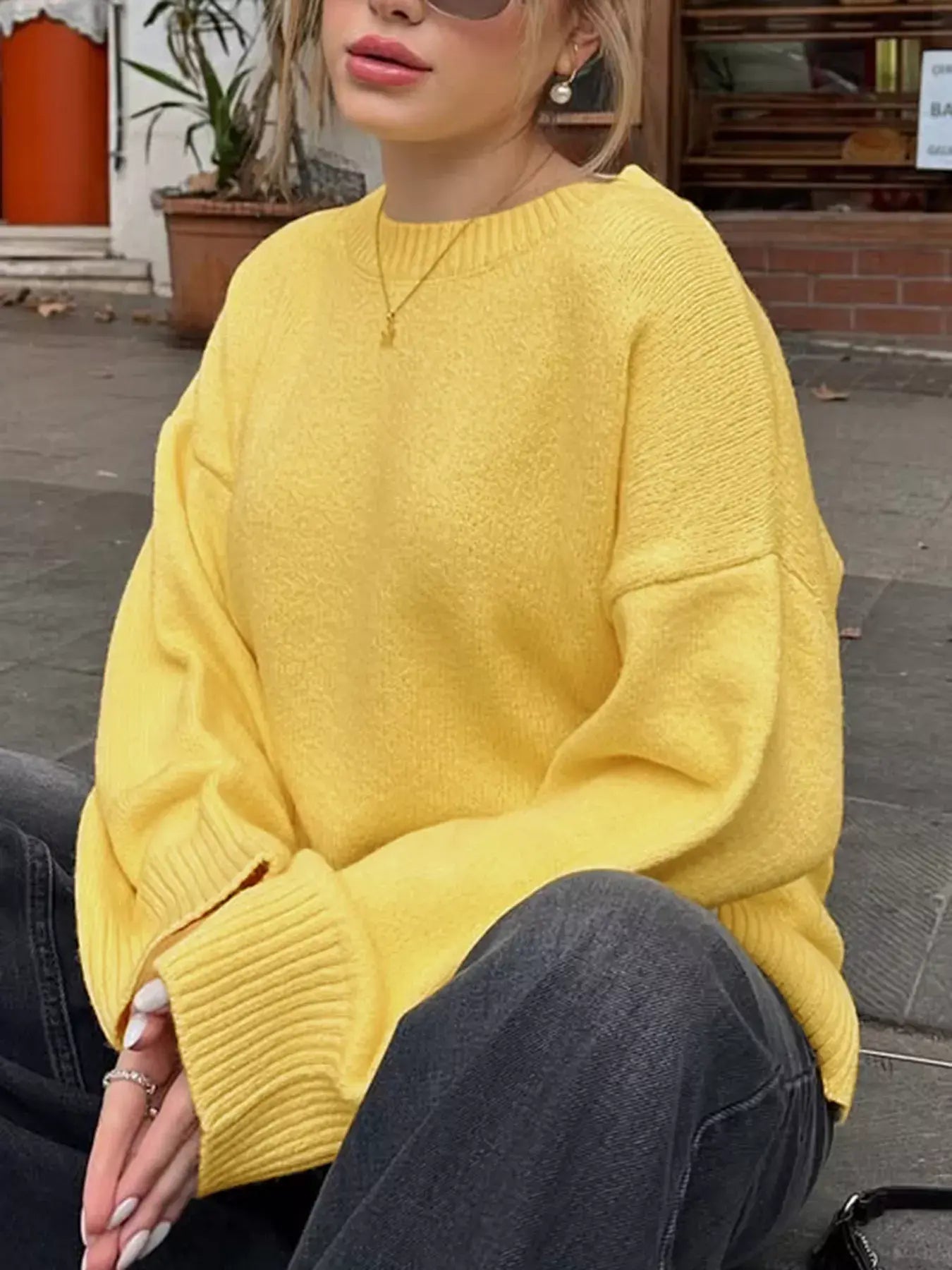Ribbed Round Neck Dropped Shoulder Sweater - Trendsi - Flyclothing LLC