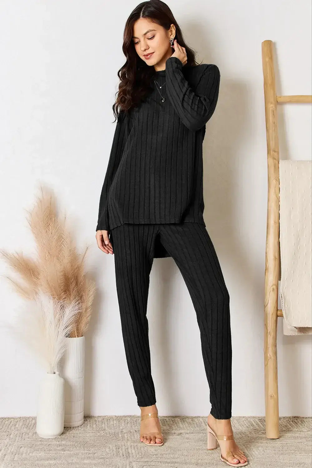 Basic Bae Full Size Ribbed Round Neck High-Low Slit Top and Pants Set - ShopBasicbae - Flyclothing LLC