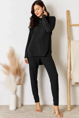 Basic Bae Full Size Ribbed Round Neck High-Low Slit Top and Pants Set - ShopBasicbae - Flyclothing LLC