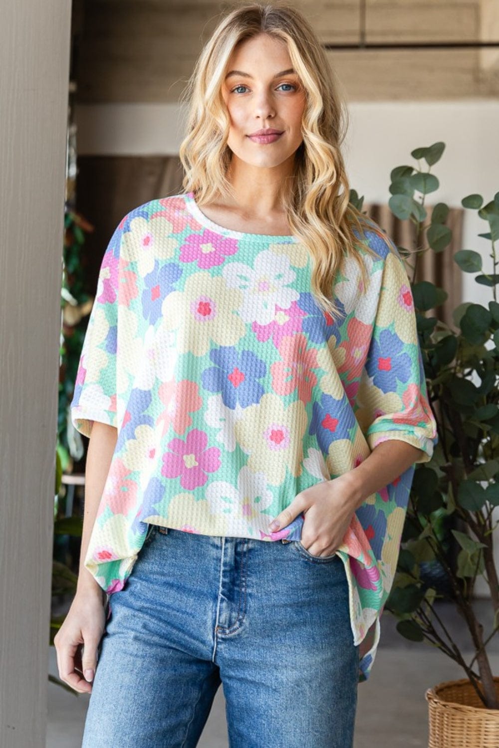 HOPELY Floral Waffle Oversized T-Shirt - Trendsi