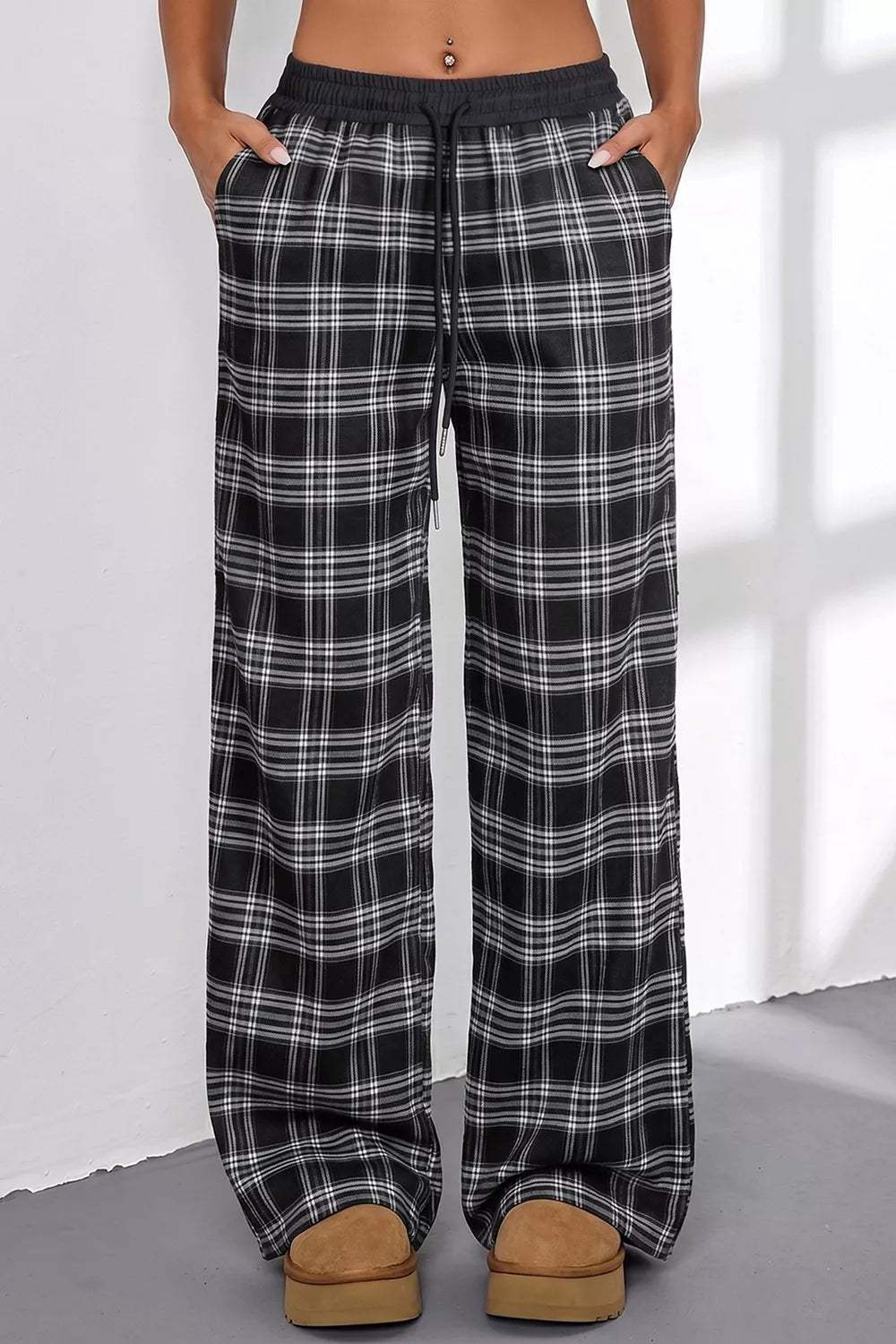 Plaid Wide-Leg Drawstring Pants - Trendsi - Flyclothing LLC