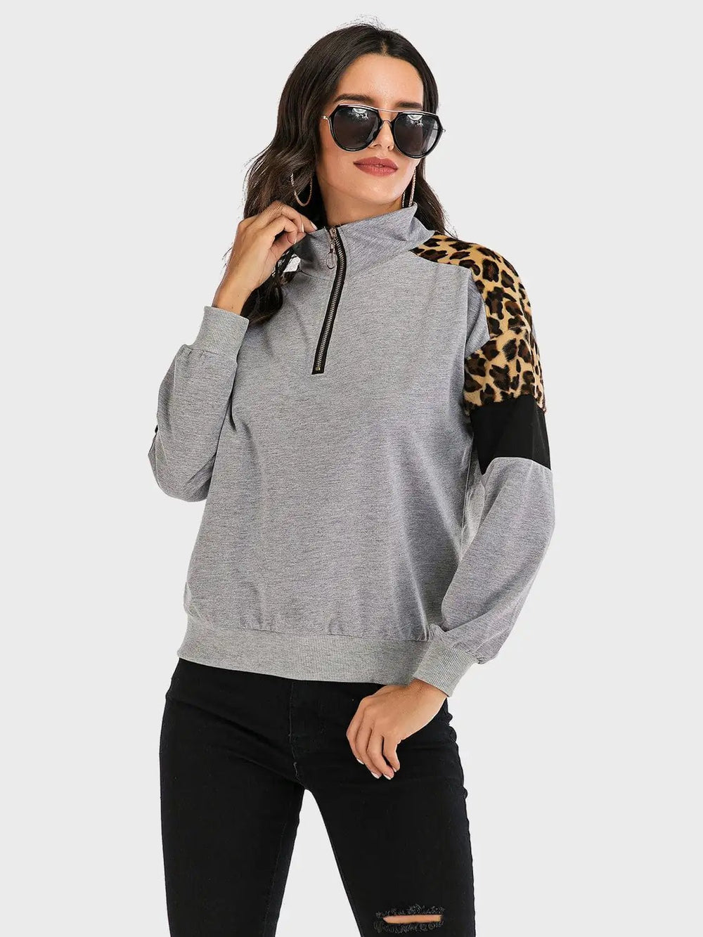 Perfee Contrast Leopard Half Zip Long Sleeve Sweatshirt - Trendsi