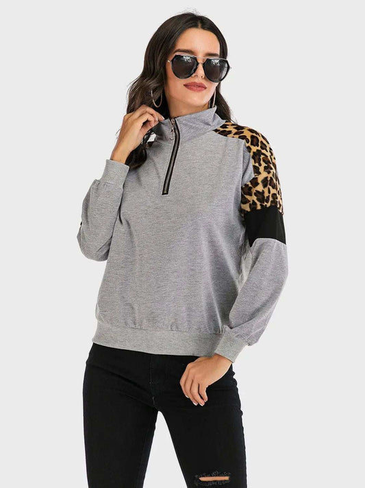 Perfee Contrast Leopard Half Zip Long Sleeve Sweatshirt - Trendsi - Flyclothing LLC