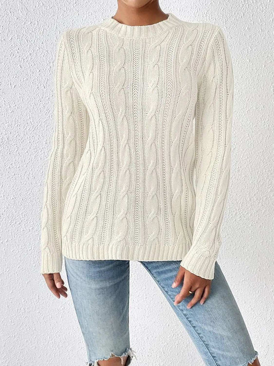 Cable-Knit Round Neck Sweater - Trendsi - Flyclothing LLC