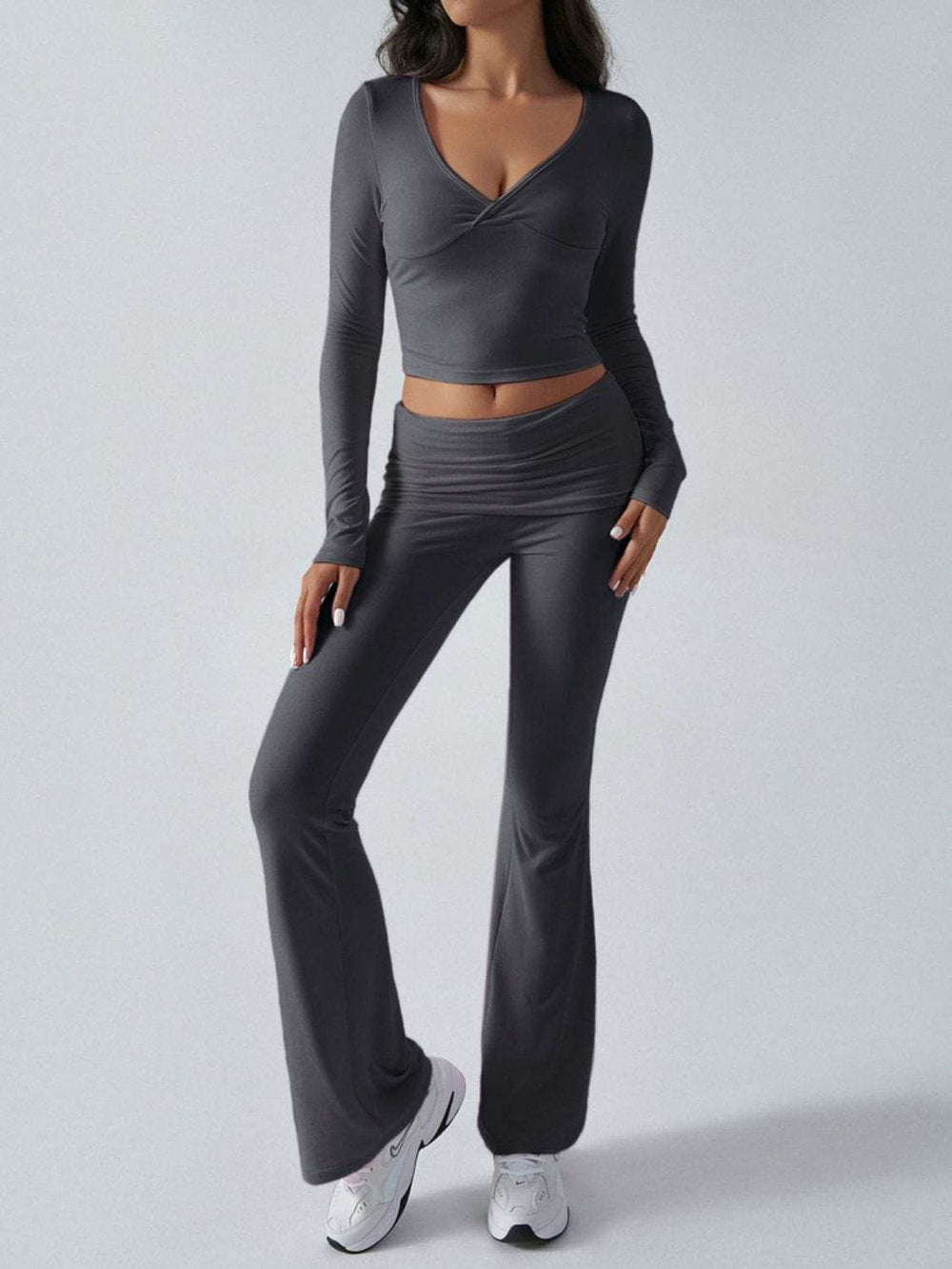 Devine Ruched Long Sleeve Top and Pants Set - Trendsi - Flyclothing LLC