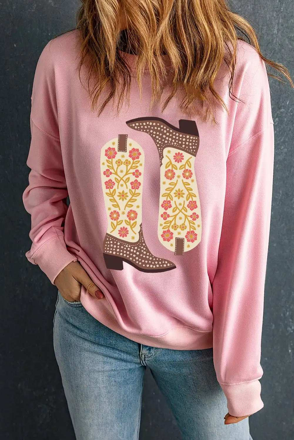Boot Graphic Long Sleeve Sweatshirt - Trendsi - Flyclothing LLC