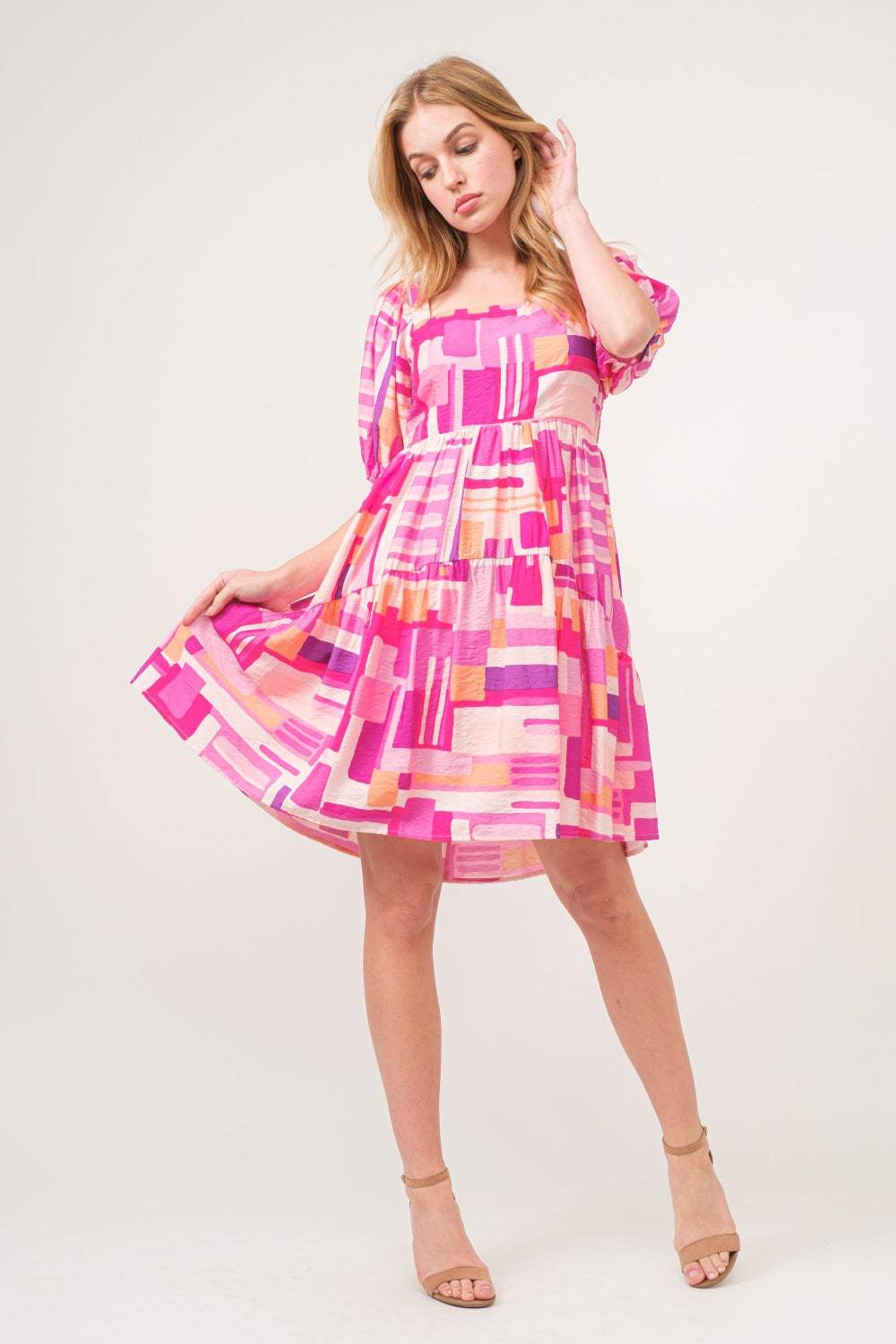 And The Why Color Block Puff Sleeve Dress - Trendsi - Flyclothing LLC