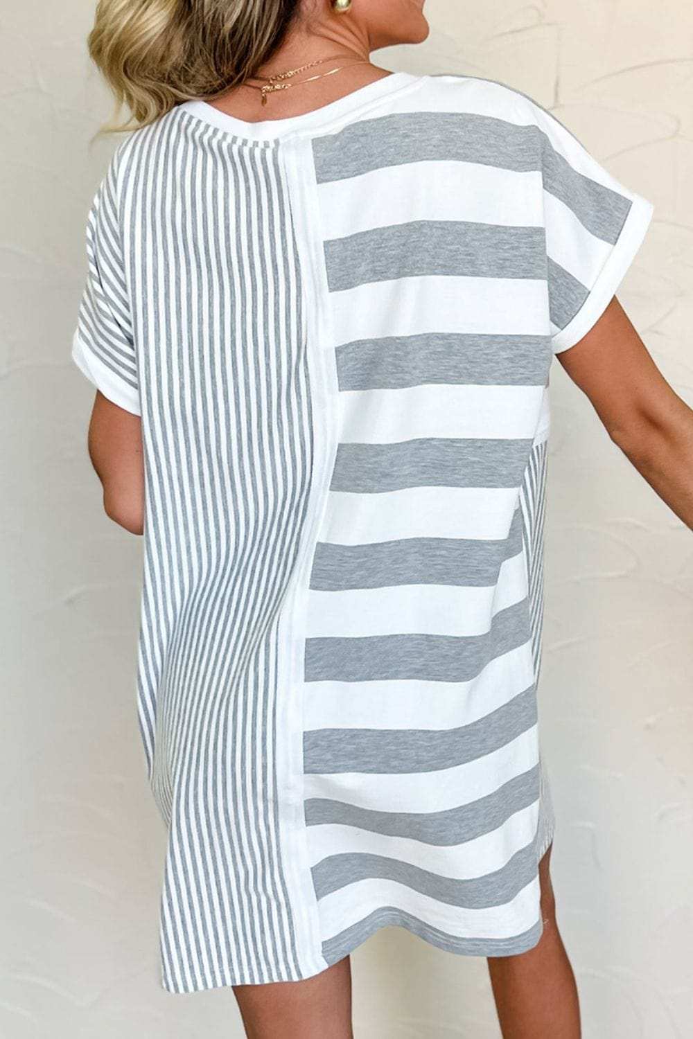 Stripe Mixed Short Sleeve Shift Mini Tee Dress - Trendsi - Flyclothing LLC