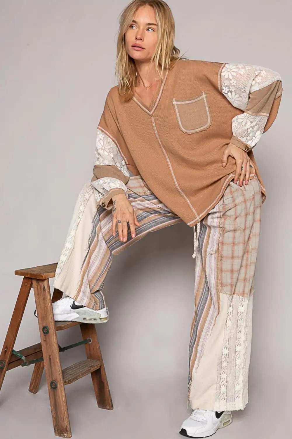 POL V-Neck Lace Balloon Sleeve Exposed Seam Top - Trendsi - Flyclothing LLC