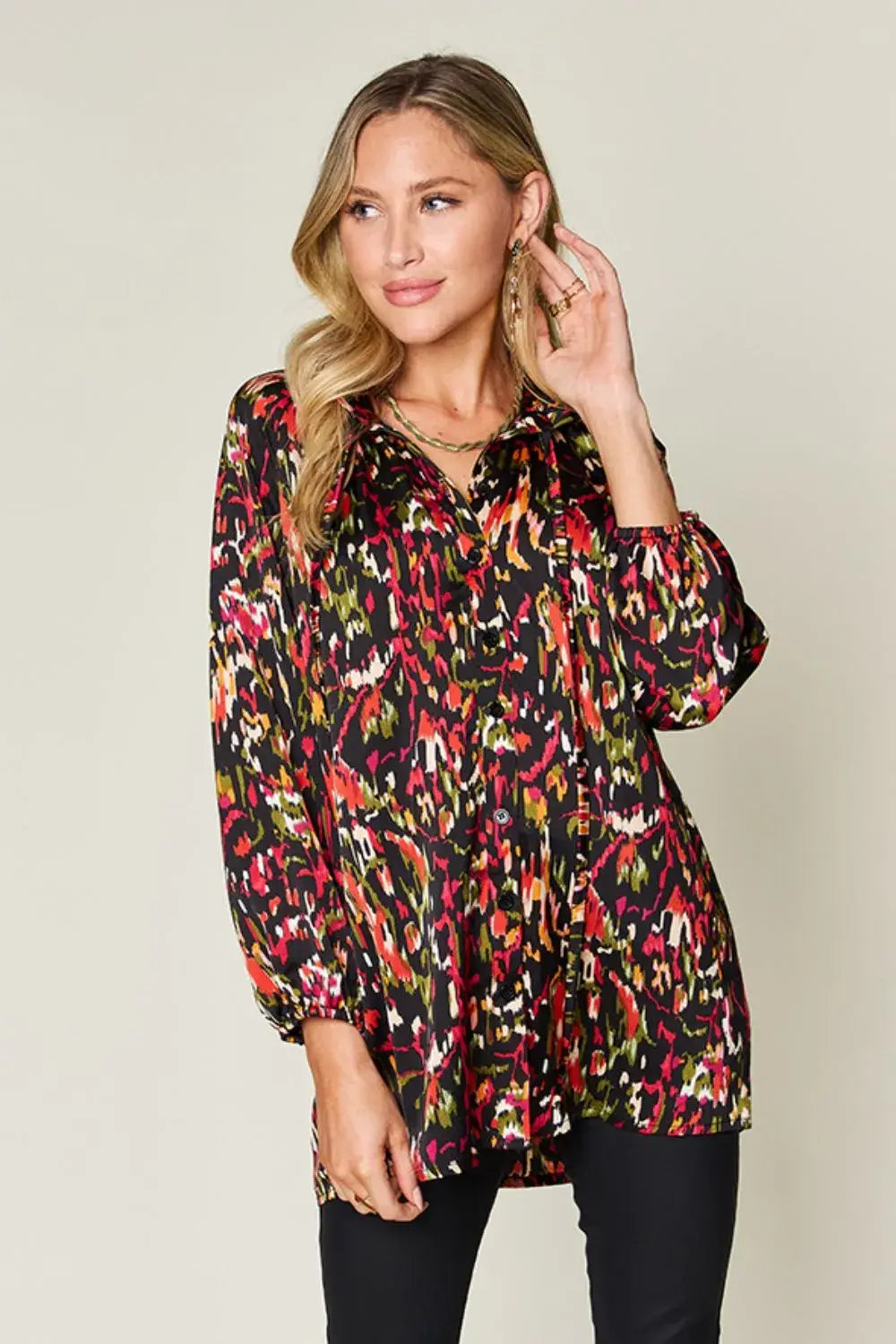 Double Take Full Size Printed Button Up Long Sleeve Shirt - Trendsi - Flyclothing LLC