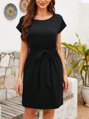 Round Neck Short Sleeve Tie Waist Mini Tee Dress - Trendsi