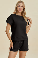 Double Take Full Size Texture Short Sleeve Top and Shorts Set - Trendsi